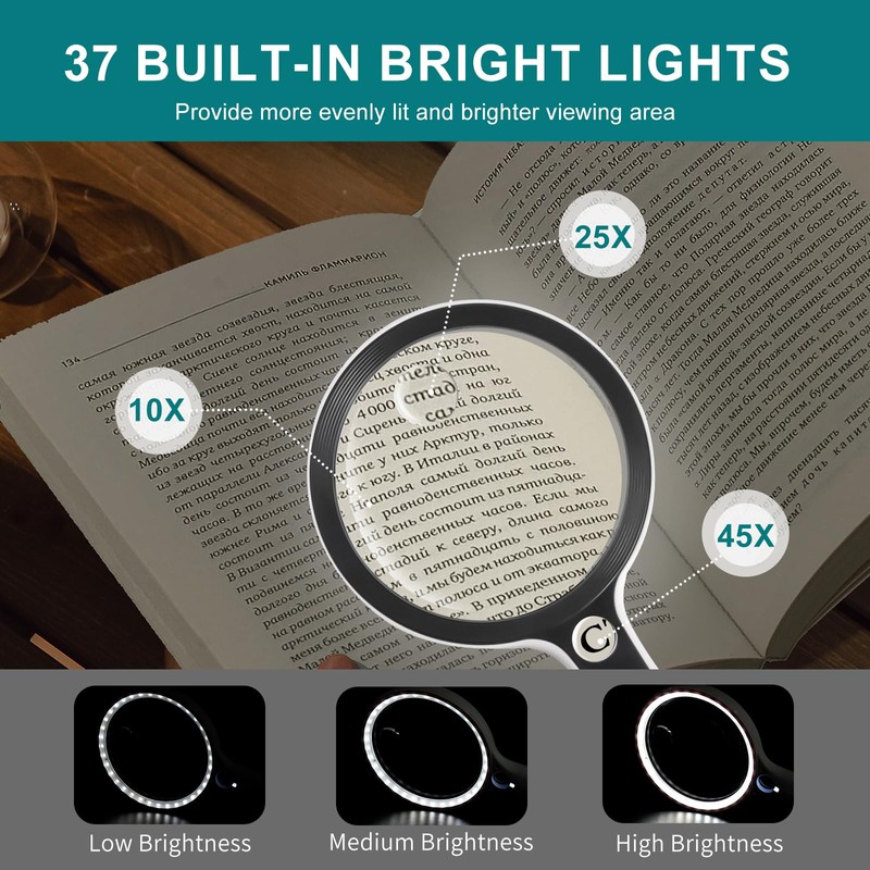 Large Magnifying Glass with 37 LED Light and Case, 10X