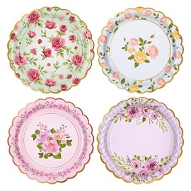 Homlouue 48 PCS Floral Paper Plates, Tea Party Plates, Floral Plates, Flower Paper Plates, Floral Disposable Plates for Tea Party Baby Shower Picnic Dinner Brial Shower Birthday Wedding Party Supplies