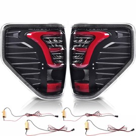 PIT66 LED Tail Lights,Compatible with Ford F150 2009-2014 Rear Taillights Brake Lamps Clear Lens Black Housing Red Bar (w/Red Light Bar&wiring harness