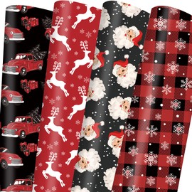 Dtiafu 8 Pcs Christmas Wrapping Paper Red Black Holiday Style Gift Wrap Paper Bulk Vintage Santa Reindeer Christmas Truck and Snowflake for Xmas Birthday, 20 X 28 Inches, Folded Flat
