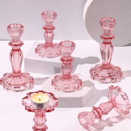 Simeitol Pink Candlestick Holders Set of 6, Taper Candle Holders, 4.3" H & 6.3" H Glass Candle Holder for Candlesticks & Pillar Candles, Candle Holder for Table Centerpieces, Wedding and Mother's Day