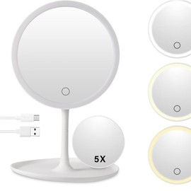 Espejo de Maquillaje con Luz LED, Espejo de Tocador 1X/5X con Aumento, 3 Modos de Iluminación Regulable, Carga USB, Rotación 360°, Base Desmontable, Ideal para Viajes, Hogar y Salón de Belleza