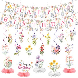 Wildflower Party Decorations Floral Wedding Flower Birthday Party Decor Supplies Includes Happy Birthday Banner Baby in Bloom Hanging Swirls Cute Wildflower Honeycomb Centerpiece