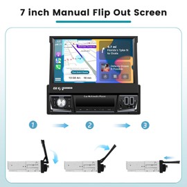 Android 15 Single Din Car Stereo Radio with Wireless Carplay Android Auto, 7 Inch Manual Flip Out IPS Screen with DSP, FM/RDS, Bluetooth, Mirror Link, GPS, WiFi, Dual USB Port 2G RAM 64G ROM