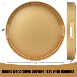 Omuriko Gold Round Decorative Tray with Handles, 13" Versatile Serving Tray for Coffee Table, Ottoman, Ideal for Serving, Displaying, Organizing