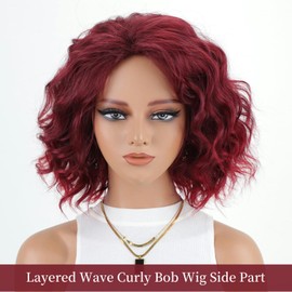 RENERSHOW Burgundy to Red Layered Short Wavy Bob Wigs for Women Side Part Wine Red Mid-length Curly Bob Wig 12inch Heat Synthetic Average Size Natural Daily Party Wig