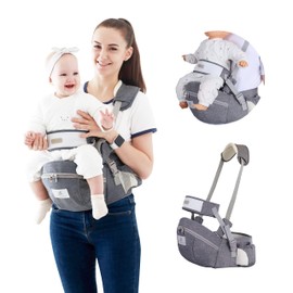 Multifuncional Portabebé Asiento de Cadera,Portador de Bebé Ergonómico Taburete de Cintura con Cinturón de Seguridad & Correa de Hombro para Bebé Niño Pequeño 0-24 Meses(Gris)