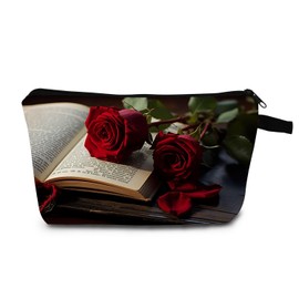 MoCaliduccious Two Roses & Book Design Cosmetic Bag Vintage Printed Makeup Organizer Literary Inspired Travel & Daily Essentials Pouch Birthday Gift Idea