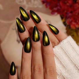 KQueenest Cat Eye Press On Nails Almond, 30 Pcs Glitter Black Gold Press On Nails Medium, Dark Sparkly Fake Nails With Glue, Reusable Luxury Glue on Nails Press ons for Women Christmas, Goth Style