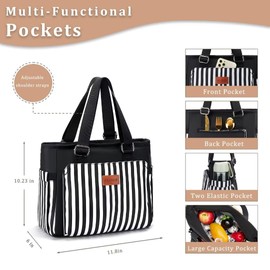 HSHRICH Large Women Lunch Bags for Work/Insulated Adult Lunch Box for Women/Leakproof Cooler Lunch Tote Bag with Storage Pocket. Reusable Lunch Cooler Purse for Work Picnic Hiking 12L, Black Stripes