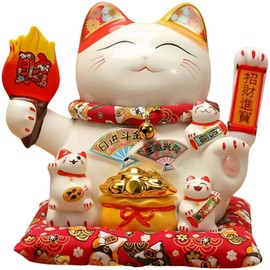 HODESunPure Chinese Lucky Cat Waving Arm Statue Ceramic Maneki Neko Money Fortune Cat Decorations for Store Company Opening, Office, Cash Register, Desk Decor (9")