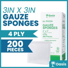 Oasis Gauze Sponges, Lint & Latex Free, 4-Ply Absorbent Non-Woven Non-Sterile Gauze (Pack of 200) (3"x3")