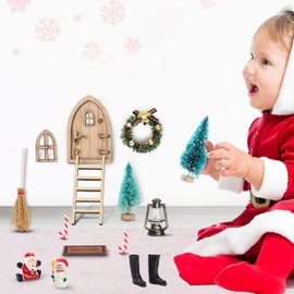 Jusduit Wichteltür Weihnachten Set, Weihnachtswichtel Tür,14 Stück Wichtel Zubehör,Weihnachtsdeko Miniatur Elfentür Wichtel Tür Feentür mit Zubehör für Kinder Weihnachten Advents Geschenke
