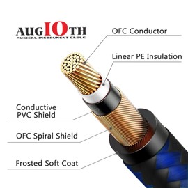 AUGIOTH Guitar Cable 10 ft 2 Pack, Electric Instrument Bass Cable AMP Cord 1/4 Straight to Angled Black and Blue Braided