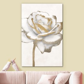 NWT Canvas Print Wall Art White Gold Close Up Garden Rose Flower Plant Nature Wilderness Floral Illustrations Modern Art Farmhouse/Country Rustic Relax/Calm for Living Room, Bedroom, Office - 24"x36"