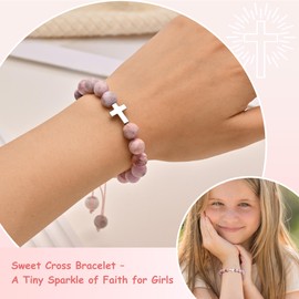 925 Sterling Silver Cross Bracelet for Girls, Christian Gifts for Kids Teens Faith Inspirational Christian Beaded Bracelets Religious Jewelry for First Communion Baptism Confirmation Birthday