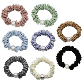 Premium-Satin-Haargummi, Seide Haargummi, Perlen-Satin-Dickdarm-Haar-Scrunchies Samt Schwarz, Softer Than Silk Scrunchies for Hair, Haargummis Damen für jeden Look,8 Stück