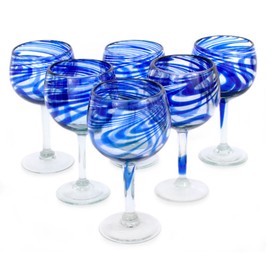 NOVICA Hand Blown Blue Swirl Recycled Glass Wine Glasses,11 oz 'Blue Ribbon' (large, set of 6)