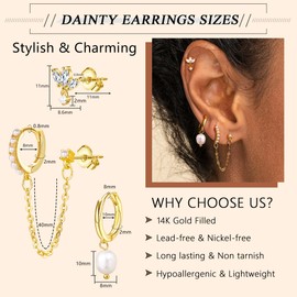 FIOROYAL 3/4 Pairs of Piercing Ear Gold, 14 K Gold Filled Earrings Set for Multiple Ear Holes Flower Moon Cubic Zirconia Hoop Earrings for Women, Helix Piercings Medical Stud Earrings Gold Silver,