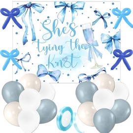 Blue She is Tying The Knot Backdrop Banner Blue Bridal Shower Decor Pink Bow Banner Garland Coquette Bachelorette Party Decorations