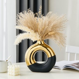 Ceramic Donut Vase, 8" L x 8" H Black and Gold Large Vase for Pampas Grass, Modern Vases for Decor, Gold Vase Centerpieces for Wedding Living Room Bedroom Coffee Table Office Home Decor Gifts