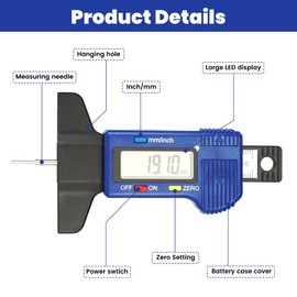 Tire Tread Depth Gauge, with Large LCD Screen of 0-1 Inch mm/inch Conversion, for Cars Trucks and SUV, Blue
