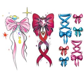 Nirbffo Temporary Tattoo Pink Ribbon Bow Star Moon 3D Design Legs Arm Red Tattoo Waterproof Sticker 3 Styles 6 Sheets
