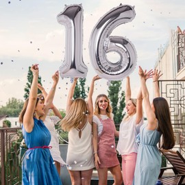 WEIKA 40 Inch Number 16 Balloons, Silver Giant Jumbo Helium Number 16 Foil Balloons for 16th 61th Birthday Party Anniversary Events Boys Girls Decorations Supplies
