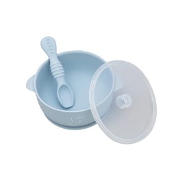 PAPU BABY Set de Alimentacion - 1 Babero, 1 Bowl con Tapa y 1 Plato de Divisiones (Azul Pastel)
