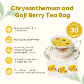 Hongzhengchun Chrysanthemum Goji Berry Tea, Chinese Health Tea | Organic Flower Tea for Fire Control | Portable Tea Pack 2.11oz/60g (30 Tea Bags)