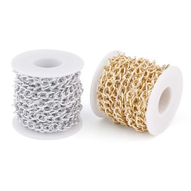2 Rolls Aluminum Golden & Silver Curb Chains Link Unwelded Twisted Chains 10x6.5mm for Necklace Jewellery Accessories DIY Making Total 32.8Feet
