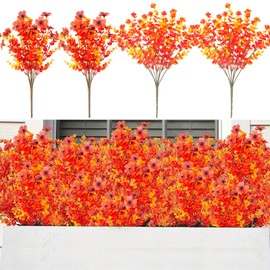 Artificial Fake Fall Flowers Plants for Outdoor Outside 4 Bundles 2 Styles Orange Yellow Mums Daisy Flowers Look Real Autumn Plants for Home Kitchen Christmas Thanksgiving Autumns Yard Decoration