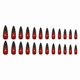 MISUD Goth Press on Nails Long Stiletto Fake Nails Glossy Glue on Nails Red Black Ombre Acrylic Nails Almond Artificial Nails Gothic Vampire False Nails with Design 24pcs