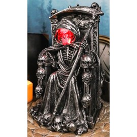 Ebros Gift The Dark Lord Face of Death Grim Reaper Skeleton Sitting On Judgement Throne Figurine with Colorful LED Face Night Light 8.5" High Ruler of The Underworld Ossuary Macabre Accent