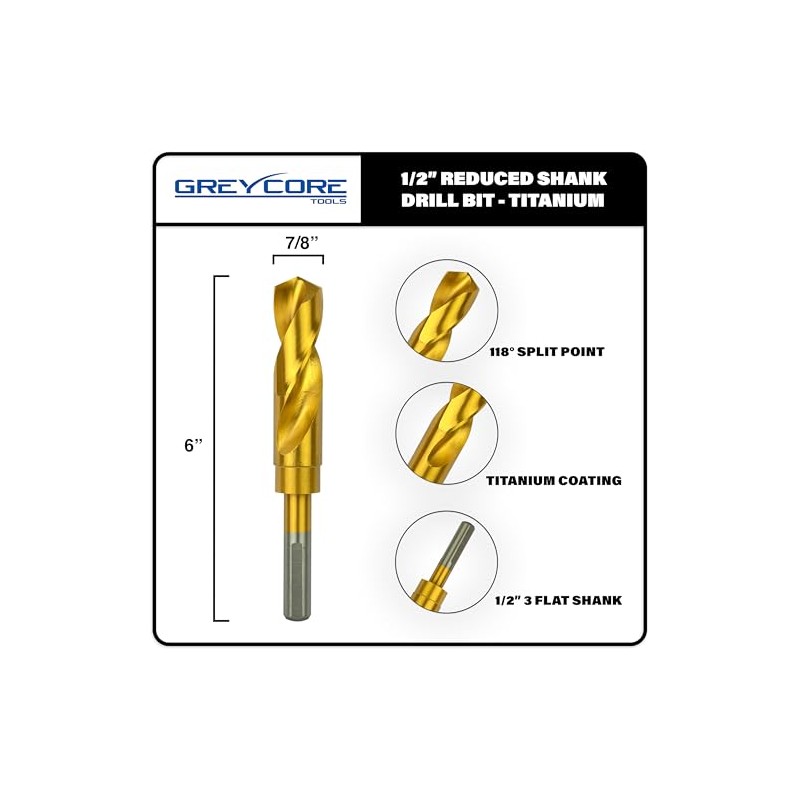Greycore Tools 7/8 Inch Reduced Shank Drill Bit, 1/2" 3-Flat