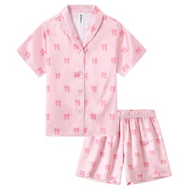 Ewbob Girls Silk Satin Pyjamas Set Short Sleeve Button-Down Kids PJs Breathable Soft Nightwear Children Sleepwear Age 5-14(C9-001)-Pink Bow-7-8Y