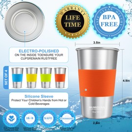 16 oz Stainless Steel Pint Cups with Silicone Sleeves 16oz/500ml (4 Pack), Water Tumbler, Camping Stainless Steel Pint Cups, Stackable Metal Drinking Glasses, BPA Free, Stackable, Durable.