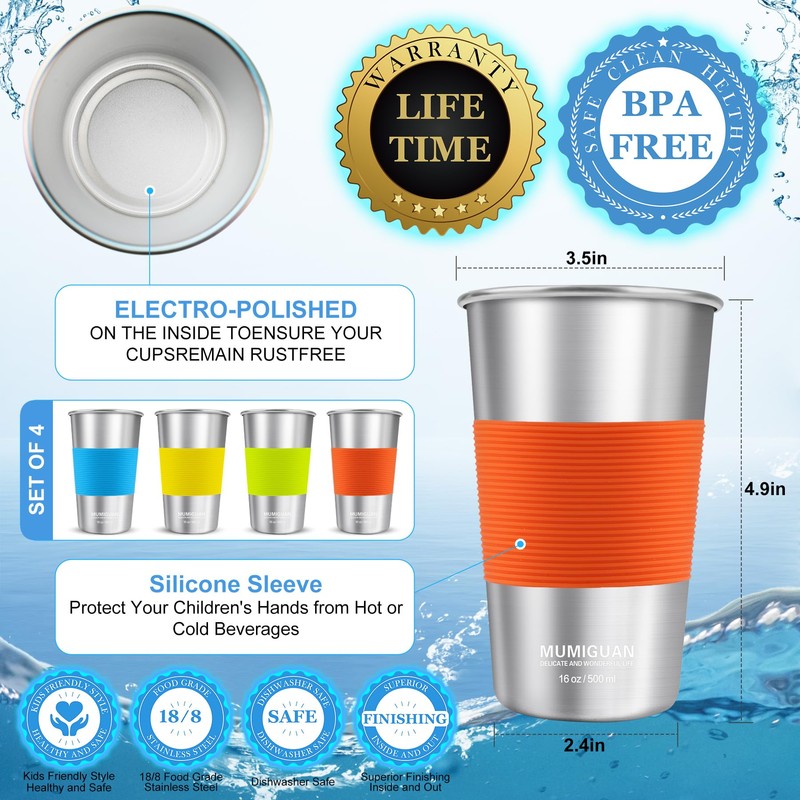 16 oz Stainless Steel Pint Cups with Silicone Sleeves 16oz/500ml