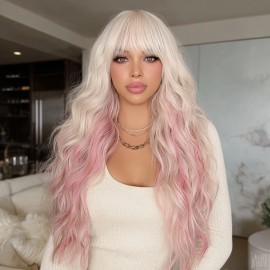 Smilco 26-inch Temperament, Big Waves, pink and White Gradient, Smooth, Not Impetuous, Realistic and Breathable. SM556color: Pink white, Stretched Length: 26 Inches