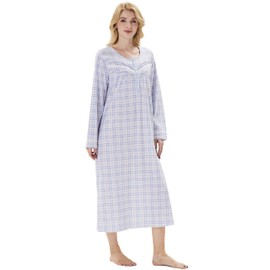 Keyocean Cotton Plaid Women Nightgowns, Soft Warm Comfortable Lightweight Long Sleeves Ladies Nightdress, Blue Plaid, X-Large