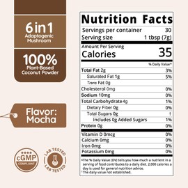 Veltracha Mushroom Coconut Coffee Creamer, Coffee Mate Creamer Powder with Pure Coconut Extract and 6 Adaptogenic Mushroom, Superfood Creamer Vegan & Unsweetened, 7.41oz (30 Servings), Mocha