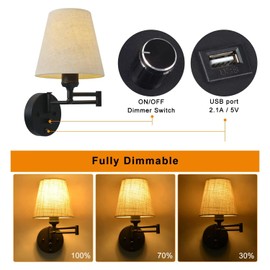 Affsure Bedside Wall Mount Light with Dimmable Switch and USB Port, Black Wall Sconce Light with Swing Arm and Plug in Cord, Fabric Shade Wall Lamp Perfect for Bedroom, Living Room and Hotel