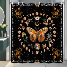Boziqr Boho Mushroom Butterfly Shower Curtains for Bathroom, Moon Floral Shower Curtain, Modern Abstract Aesthetic Black Bathroom Shower Curtain Set with Hooks 72x72 Inch