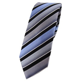 TigerTie Slim Designer Silk Tie in Grey Blue Black Silver Striped - Tie 100% Silk, Grey, blue, black, silver