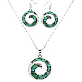 Liavy's Ocean Wave Charm Pendant Fashionable Necklace & Earrings Set - Abalone Paua Shell - Fish Hook - 17" Snake Style Chain - Unique Gift and Souvenir