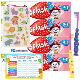 Kids Toothpaste Multi Pack Bundle - 4 x Splash Toothpaste 3-8 Strawberry (50ml), 2 Manual Kids Toothbrushes (Sucker), 30 Day Reward Chart and Free Puffy Stickers for Children (Packaging May Vary)