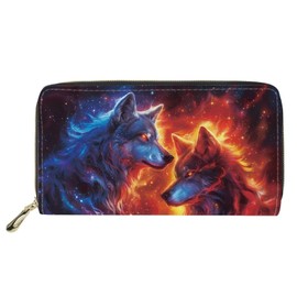 COEQINE Cool Wolf Wallet Womens Large Capacity Leather Purse With Card Holder And Coin Pocket Portable Long Leather Zipper Around Phonr Clutch for Small Phone,Birthday Christmas Party Decor