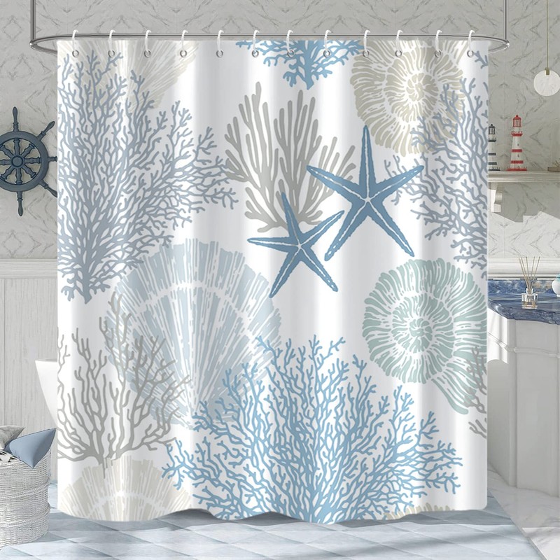 GKLEASG Nautical Beach Shower Curtain, Blue Tropical Coral Ocean Seashell