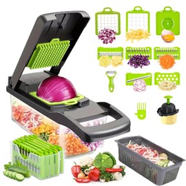 Fleymu Manual Vegetable Cutter (16 Pieces), Multifunctional Mandolin, Vegetable Slicer for Potatoes, Onions and Vegetables, Kitchen Appliances, Ideal as Chip Cutter, Julienne Cutter and Dice Cutter