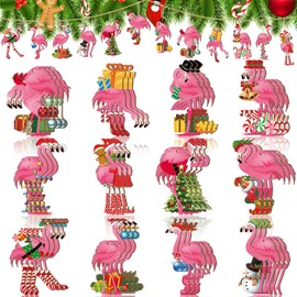 Geelin 36 Pcs Christmas Ornament for Tree Pink Flamingo Wooden Hanging Ornaments Santa Hat Flamingo Tropical Christmas Decorations for Xmas Tree Party Holiday Decor